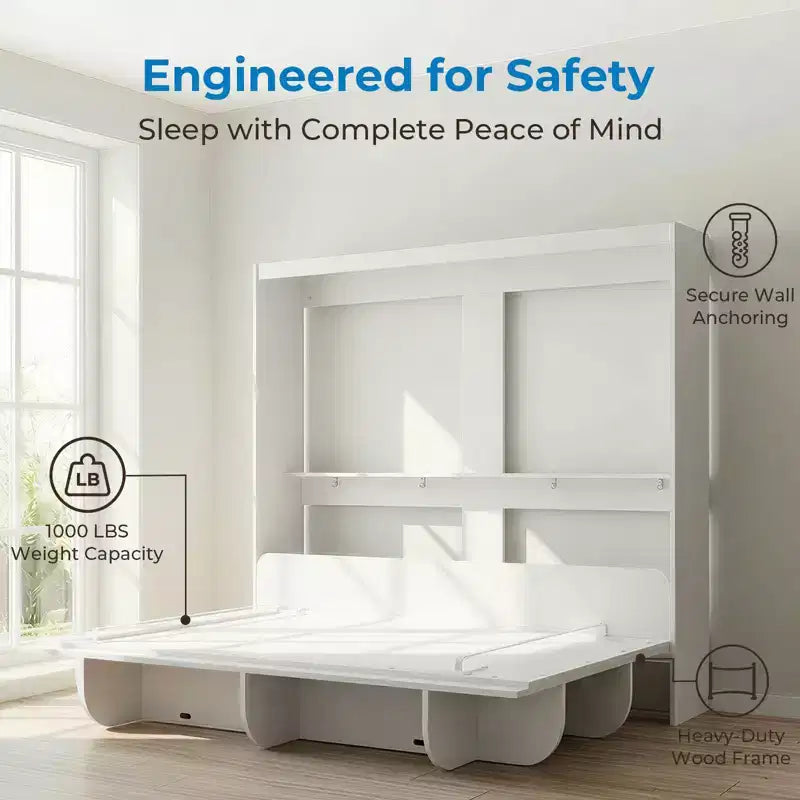2-in-1 Unsichtbares Murphy-Bett mit Ablagefächern, Queen-Size, Naturholz (Matratze nicht enthalten)