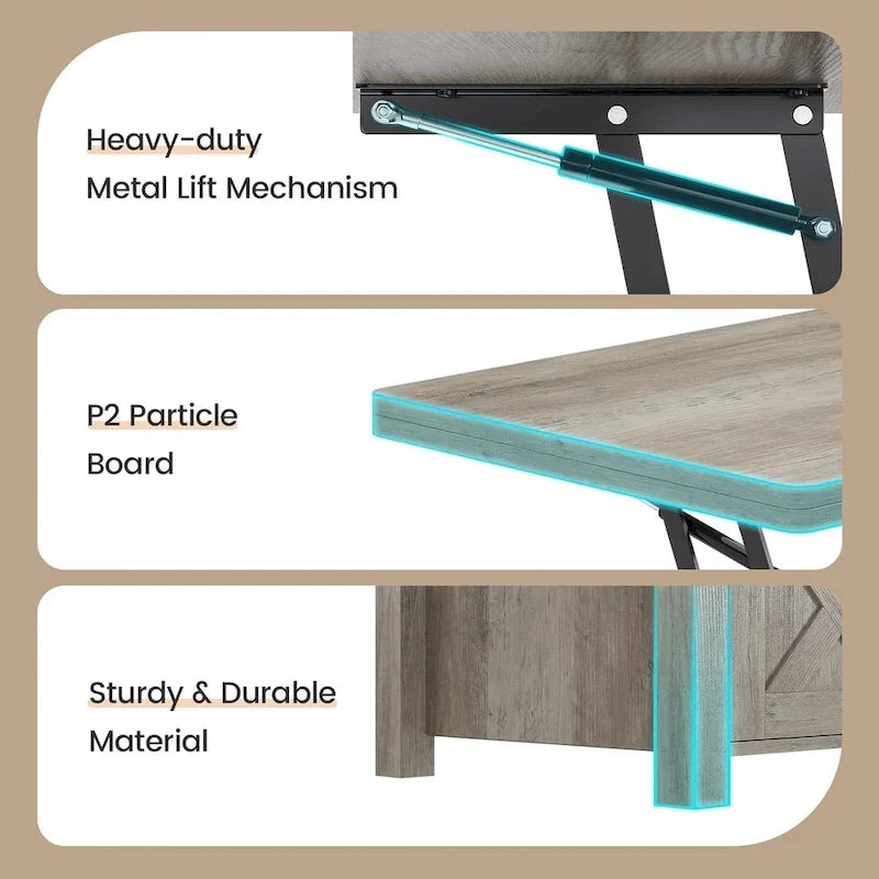 Couchtisch mit Hubplatte, 2 Schiebetüren im Scheunentor-Design und Stauraum, Esstisch