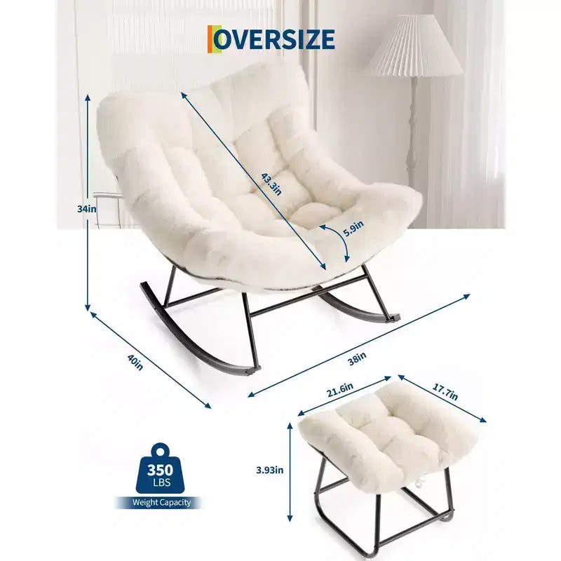 Übergroßer Papasan-Schaukelstuhl mit Ottomane und weichem Plüschkissen, Lounge-Sessel mit Fußstütze und stabilem Metallrahmen, Eier-Schaukelstuhl für das Wohnzimmer