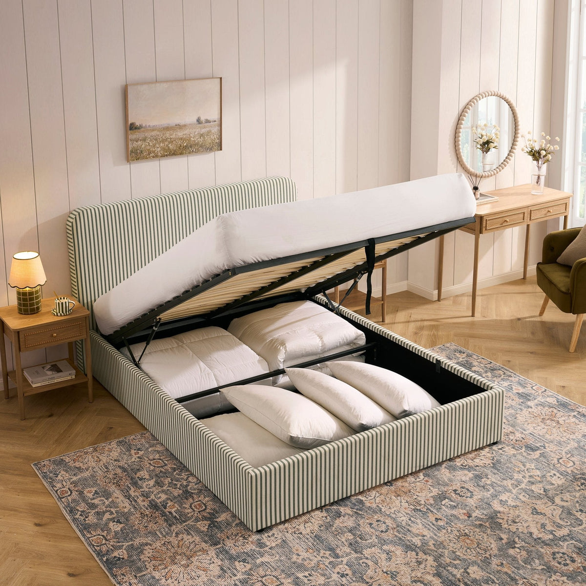 Bett mit Bettkasten – Salbeigrün gestreift
