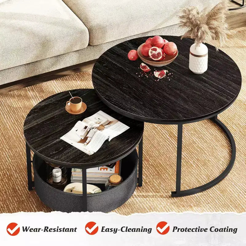 GALAXHERO 2er-Set verschachtelbare runde Couchtische – 31,5-cm-Beistelltische mit Ablagefach und Metallgestell für Wohnzimmer/Wohnung