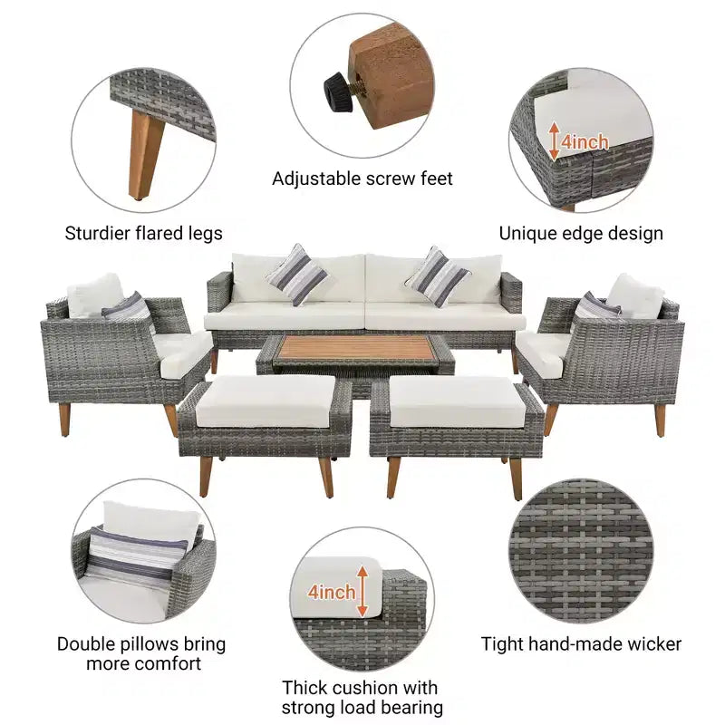 Whisen 6-teiliges Allwetter-PE-Geflecht-Sofaset, Outdoor-Rattan-Sofa mit Doppelkissen