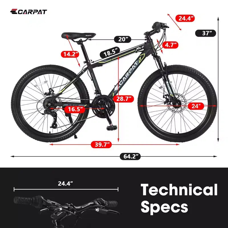 Okak 24 Zoll Mountainbike mit Stahlrahmen, Kinderfahrrad mit Shimano 21-Gang-Schaltung, doppelten Scheibenbremsen und Vordergabel-Federung, Fahrrad für Jugendliche