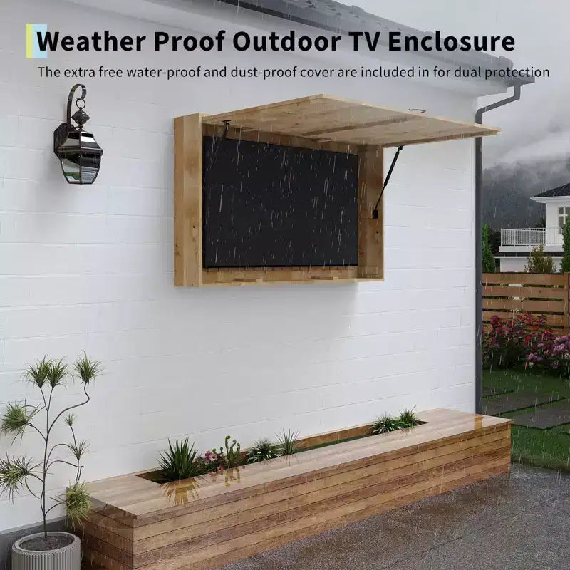 55-Zoll-Outdoor-TV-Gehäuse, wetterfeste TV-Abdeckung aus Massivholz mit 4D-verstellbarer Halterung & hochklappbarer Tür (passend für 44-55-Zoll-Fernseher)