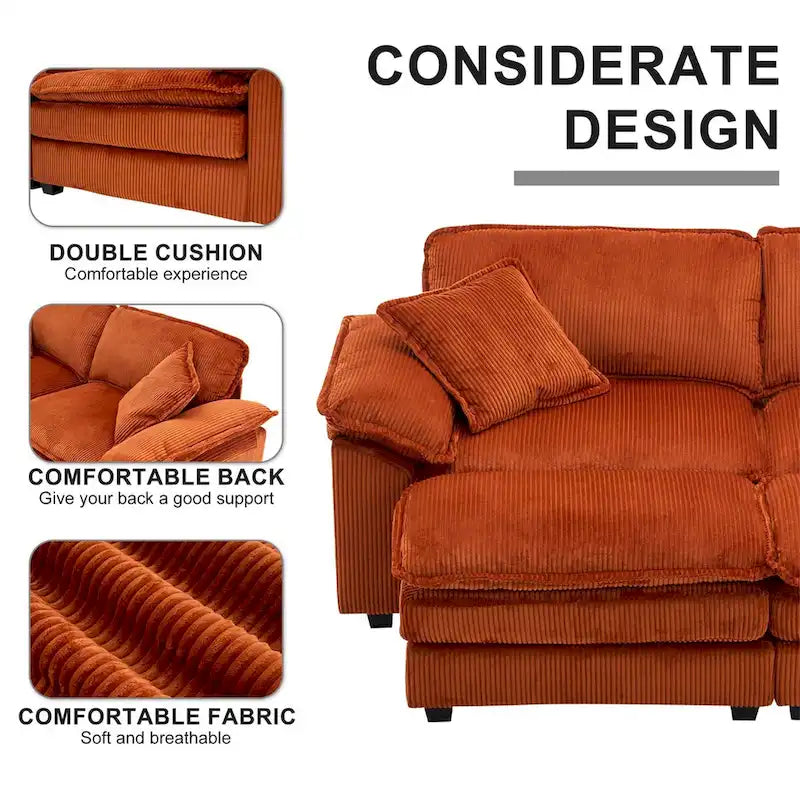 Modernes 2-Sitzer-Sofa aus Cord mit 4 Stützkissen und 2 Hockern