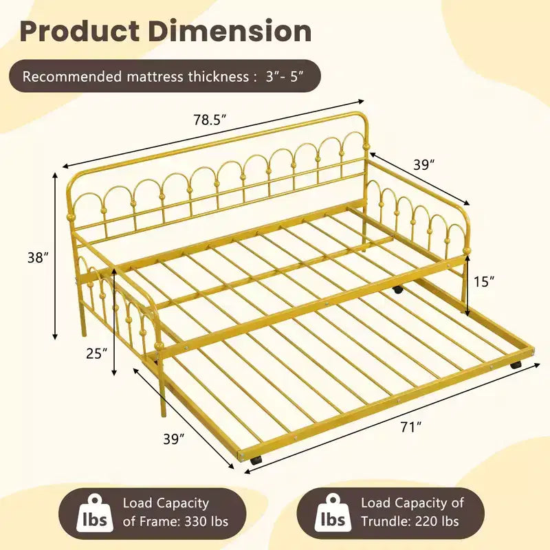 Costway Metall-Tagesbett in Einzelgröße mit ausziehbarem Unterbett, platzloses Schlafsofa, feststellbare Rollen, Gold
