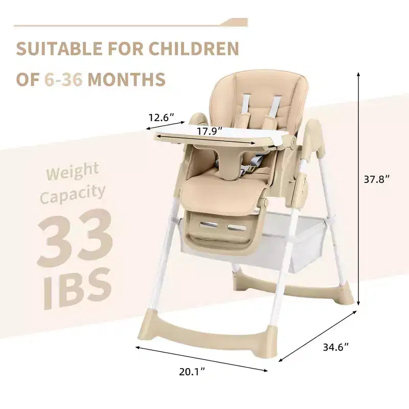 Zusammenklappbarer Hochstuhl für Babys und Kleinkinder, Hochstuhl aus PU-Leder mit verstellbarer Rückenlehne und Sitzhöhe, abnehmbarem Tablett, 5-Punkt-Sicherheitsgurt und feststellbaren Rollen