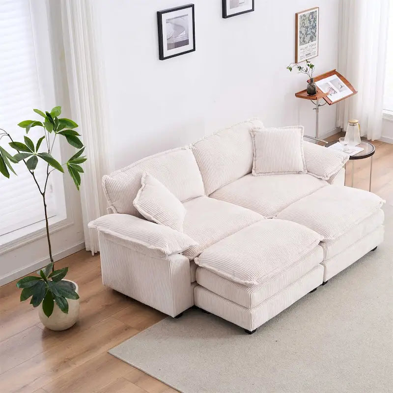 Modernes 2-Sitzer-Sofa aus Cord mit 4 Stützkissen und 2 Hockern