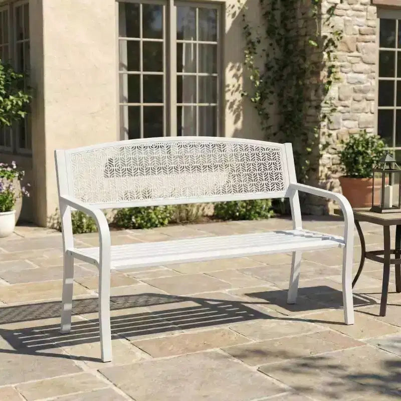 Gartenbank aus Metall für 2 Personen, Stahlbank mit geometrischer Rückenlehne für Terrasse, Garten und Veranda