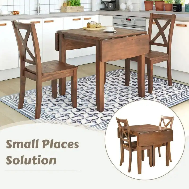 3-teiliges Essgruppe-Set aus Holz mit klappbarem Frühstückstisch und 2 X-Back-Stühlen für kleine Räume