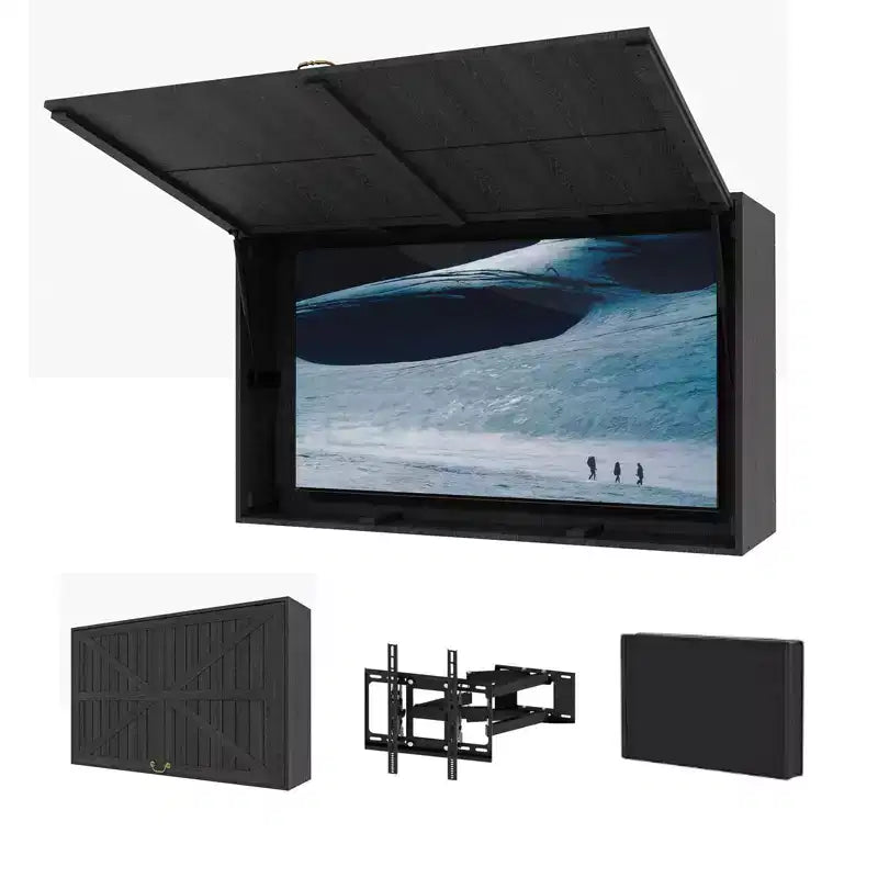 55-Zoll-Outdoor-TV-Gehäuse, wetterfeste TV-Abdeckung aus Massivholz mit 4D-verstellbarer Halterung & hochklappbarer Tür (passend für 44-55-Zoll-Fernseher)