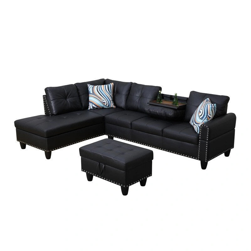 Modernes 3-teiliges Sofa-Set aus schwarzem Kunstleder: Elegantes Design für Wohnzimmer