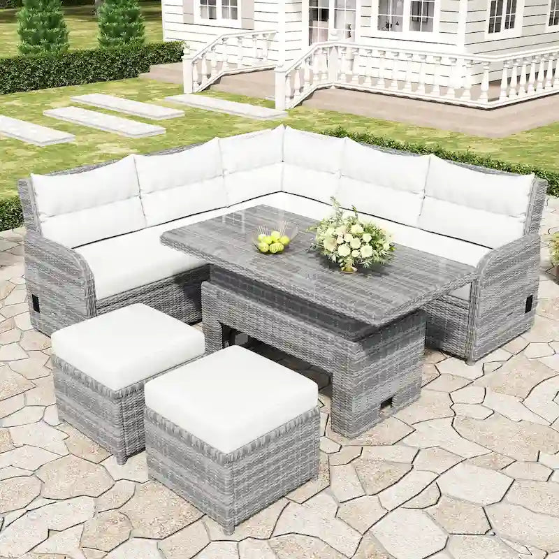Outdoor-Rattan-Ecksofa-Set mit verstellbarem Tisch und Relaxsesseln