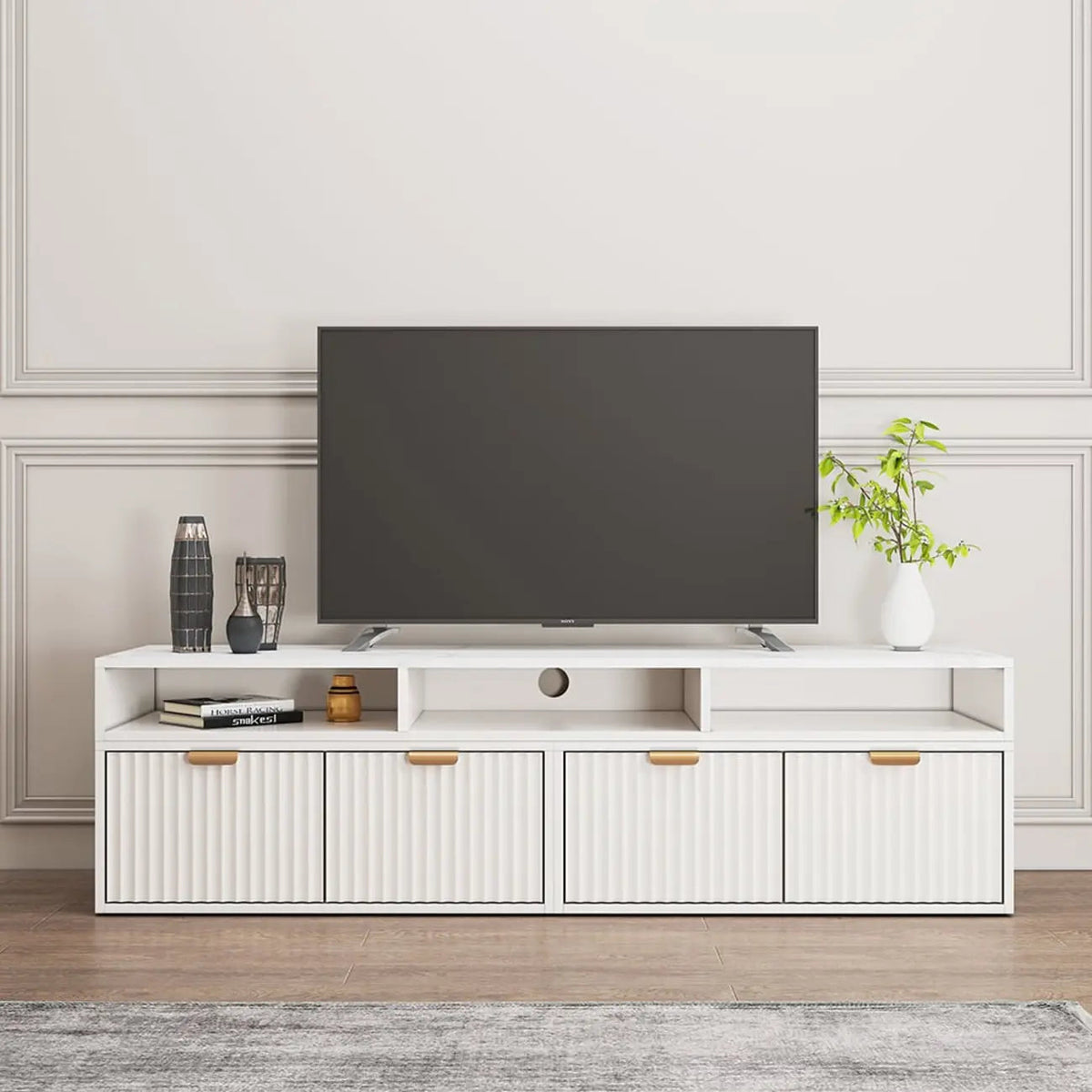 Moderner, weißer TV-Eckschrank mit 2 Schubladen und offenem Stauraum