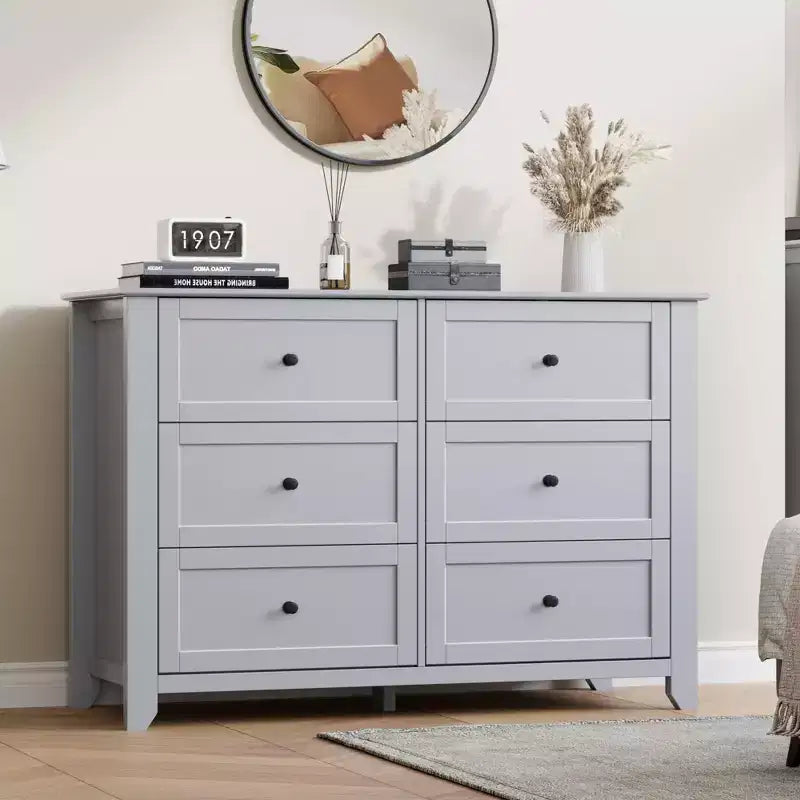 Kommode mit 6 Schubladen für das Schlafzimmer, große Kommode mit tiefen Schubladen & Metallknöpfen, modernes Holzschubladenelement für Eingangsbereich, Flur