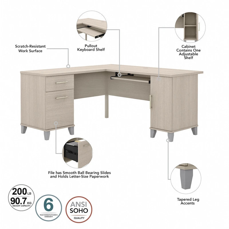 Bush Furniture Somerset 60 Zoll breiter L-förmiger Schreibtisch mit Aufsatzregal und Stauraum
