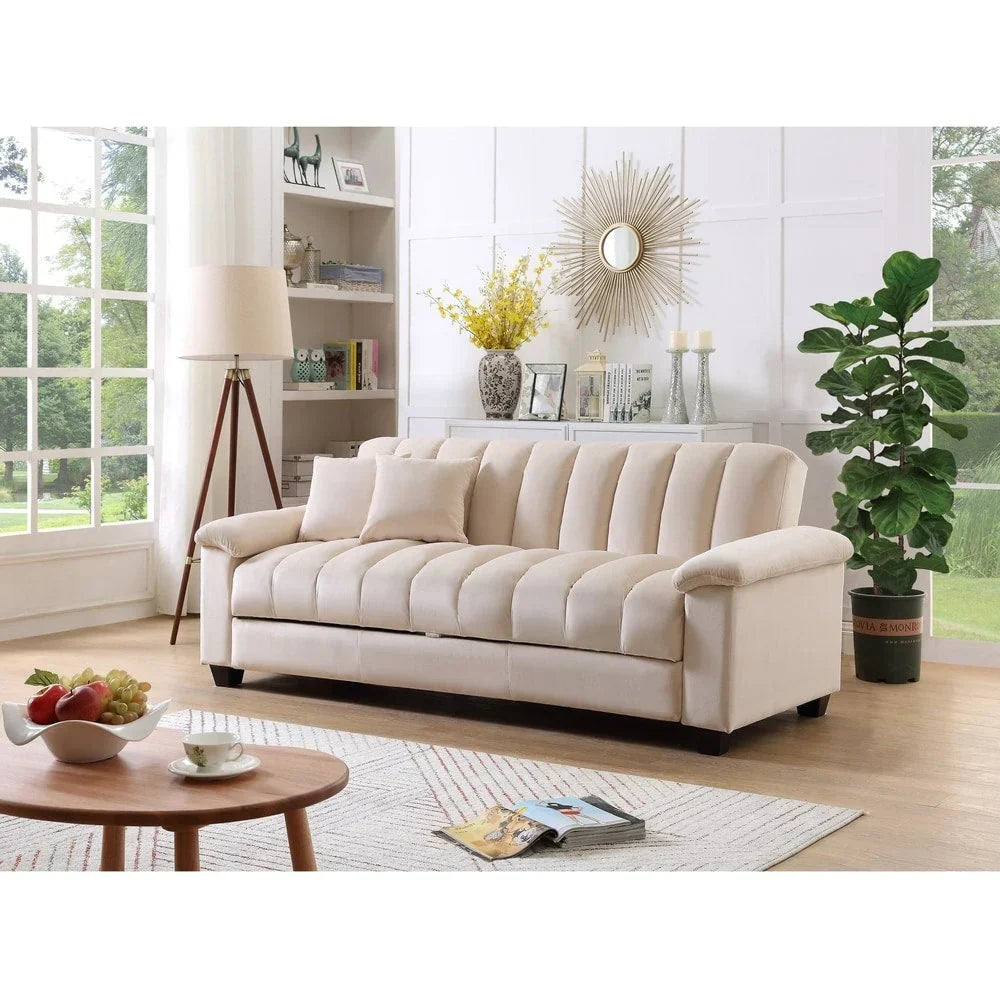Wandelbares Schlafsofa für das Wohnzimmer mit stoffbezogener Rückenlehne in Rillenoptik