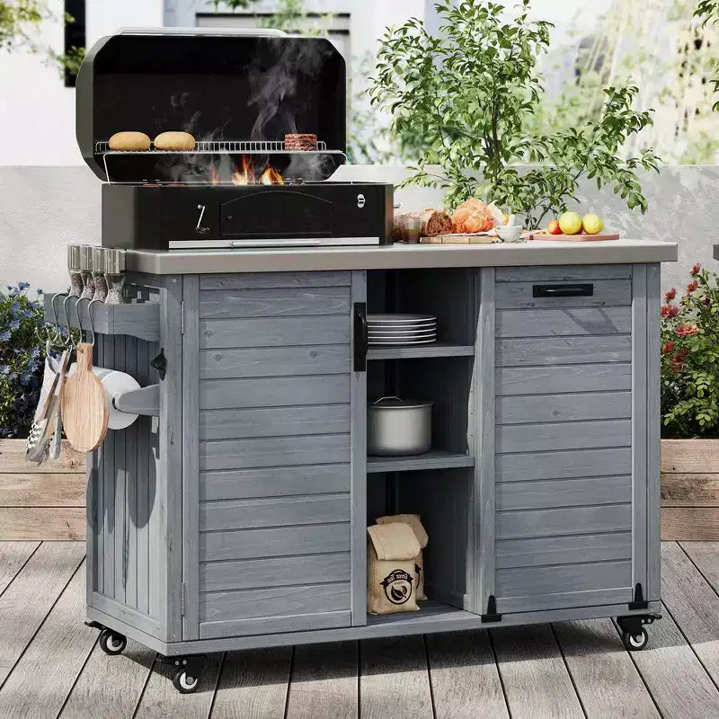 Outdoor-Kücheninsel mit klappbarem Seitentisch, Outdoor-Grillwagen mit Edelstahlplatte, versteckter Müllschrank für Rasen & Garten