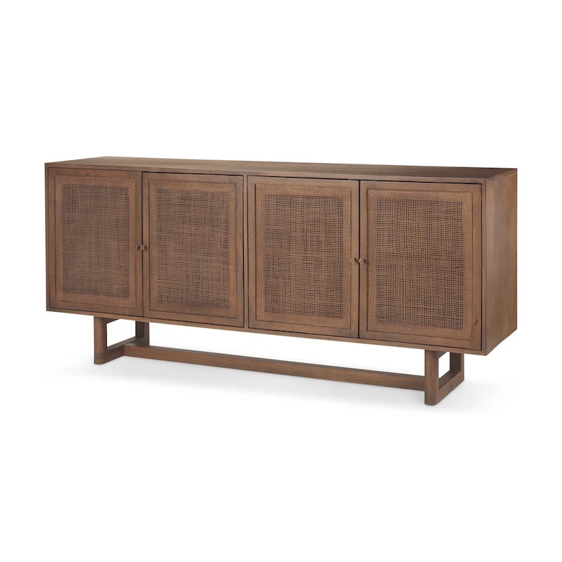 Grier Sideboard aus hellem braunem Massivholz und Rohrgeflecht mit 4 Türen – 72,0 L x 18,0 B x 31,0 H