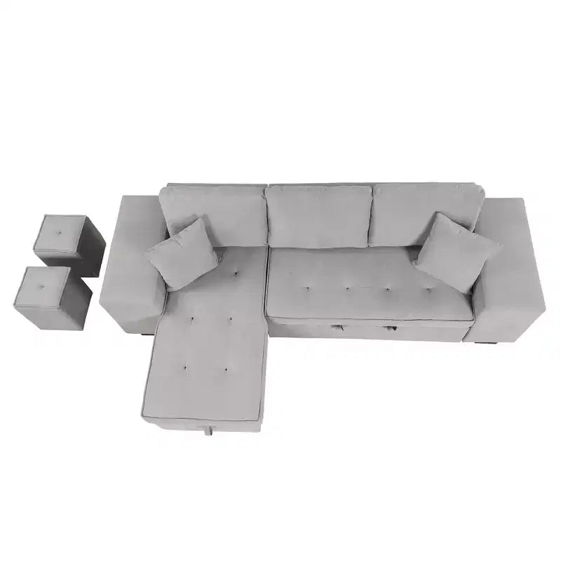 104,5 Zoll L-förmige Schlafcouchgarnitur mit Stauraum-Chaiselongue und 2 Hockern – 3-Sitzer-Schlafsofa mit Schlaffunktion für das Wohnzimmer