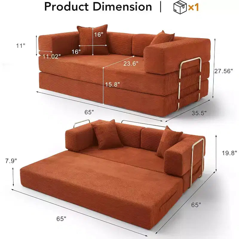 Dyonery 65-Zoll 5-in-1-Schlafsofa, zu einem Doppelbett umbaubar, mit festem Metallrahmen, Cord