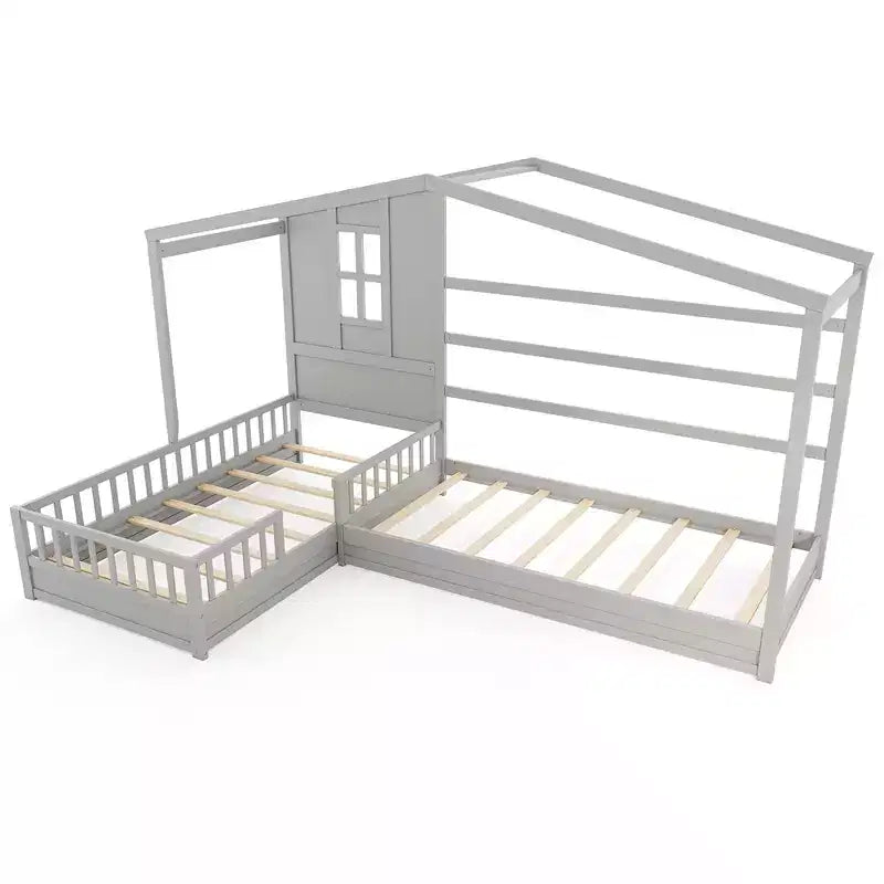 L-förmiges Etagenbett-Set mit Haus-Design, Fenster und Zäunen – Grau/Weiß