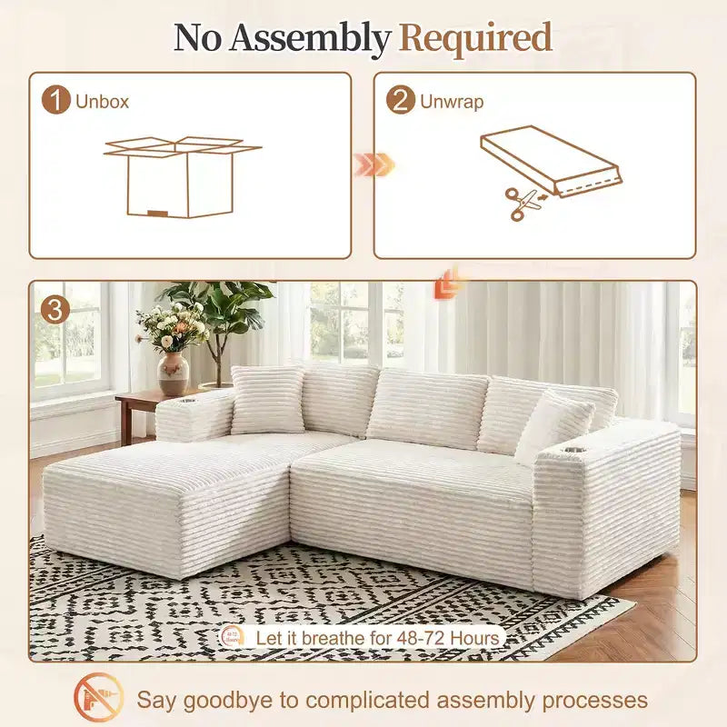 Celebalcony 103 modulares, rahmenloses Ecksofa, L-förmige Récamiere mit 2 Getränkehaltern, weiches Cord-Cloud-Sofa für das Wohnzimmer, keine Montage erforderlich