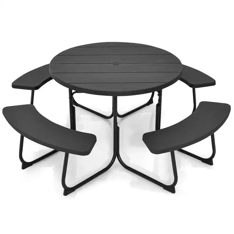 Costway Outdoor 8-Personen-Rund-Picknicktisch-Bank-Set mit 4 Bänken & Sonnenschirmloch Schwarz/Grau/Grün/Weiß
