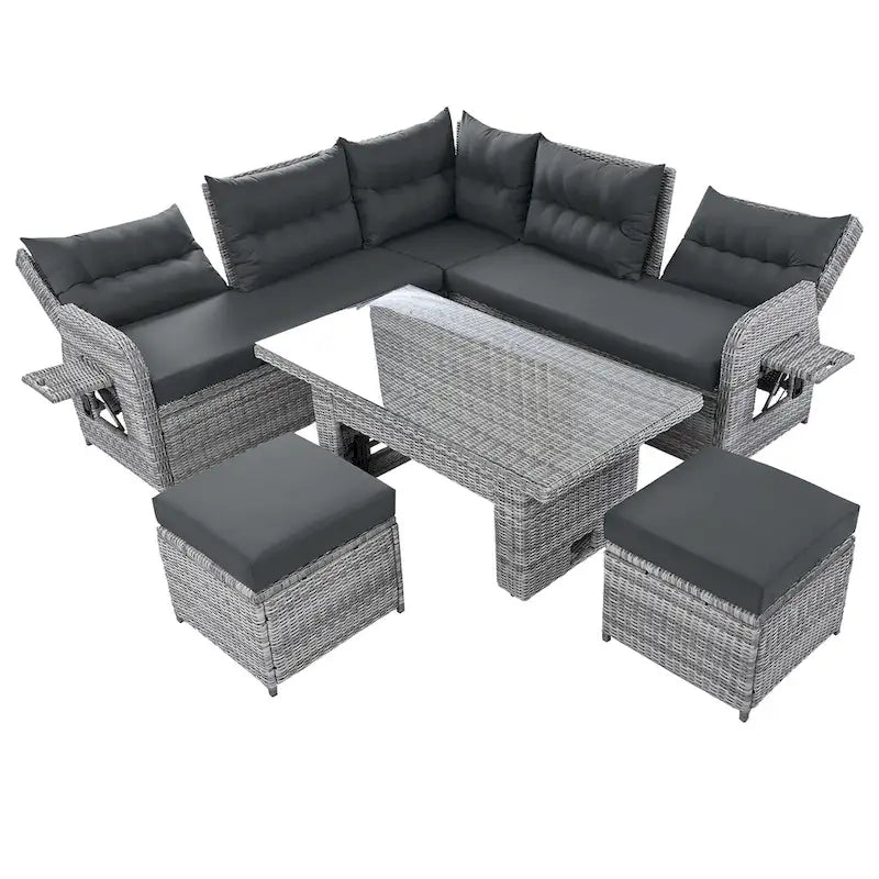 Outdoor-Rattan-Ecksofa-Set mit verstellbarem Tisch und Relaxsesseln