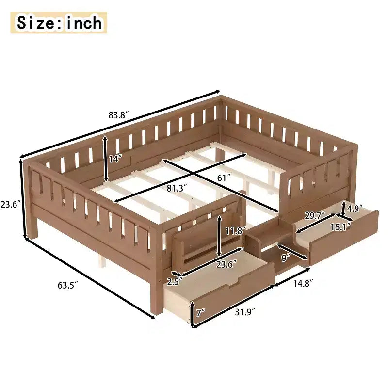 Bellemave Queen-Size-Kleinkindbett mit 14 Sicherheitsgeländern, platzsparender Bettrahmen mit integrierten Bücherregalen & 2 Schubladen unter dem Bett