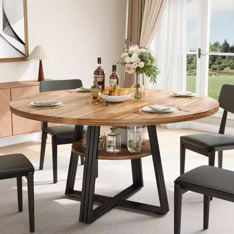 Runder Esstisch für 4-6 Personen, 47 Küchen-Esstisch mit Ablagefach, Holztisch mit Metallgestell für Zuhause und Wohnzimmer, ohne Stühle
