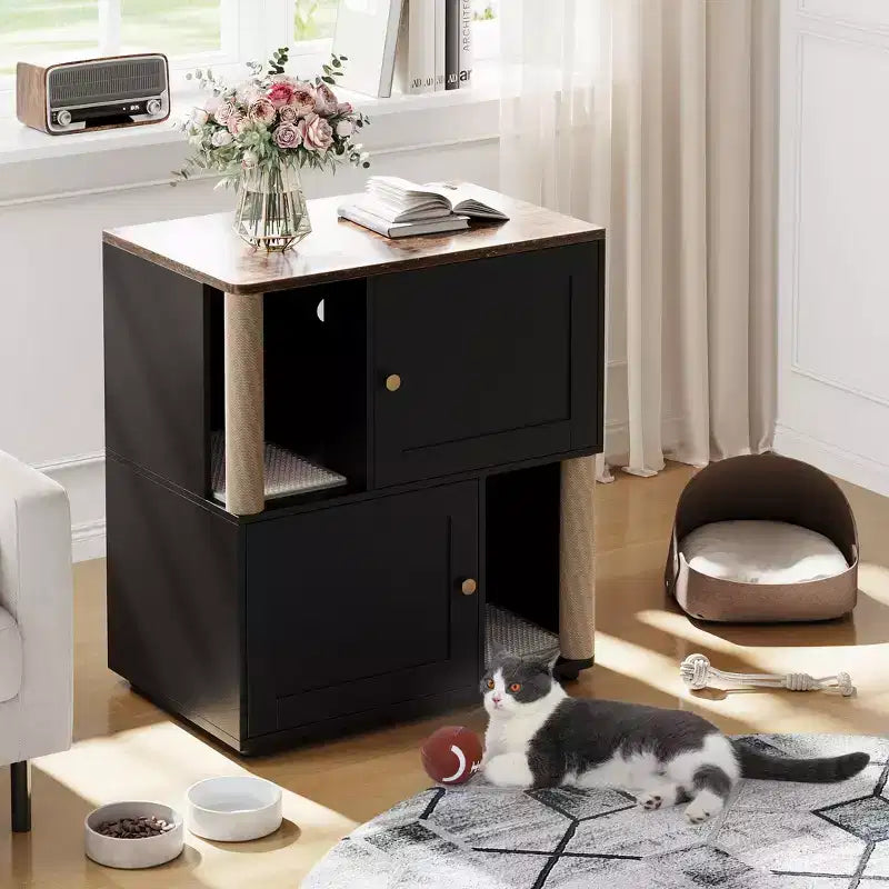 Katzentoiletten-Gehäuse mit zwei Kammern, verstecktes Katzentoiletten-Möbel mit Kratzstämmen und doppellagigen Streumatten für das Zuhause