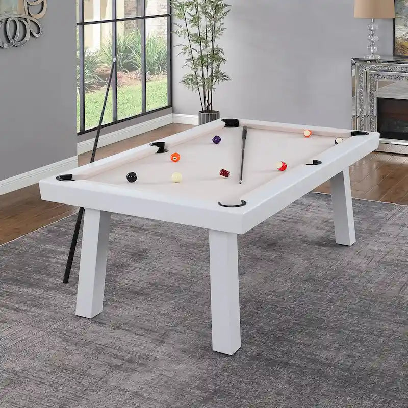 Norwalk Indoor/Outdoor 7-Fuß-Billardtisch in Schieferoptik, Esstischgarnitur für 6 Personen mit 4 Bänken und Zubehör, weißes Finish