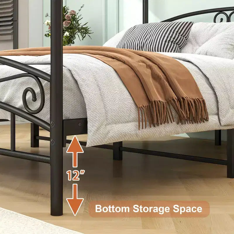 Queen-Size Himmelbett-Metallrahmen mit Vintage-Kopfteil und 31,5 cm Stauraum unter dem Bett