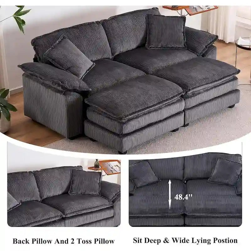 Modernes 2-Sitzer-Sofa aus Cord mit 4 Stützkissen und 2 Hockern