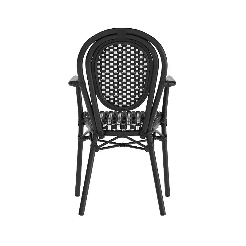 Flash Furniture 4er-Set Lourdes Indoor/Outdoor Gastro-Bistro-Stapelstuhl mit Armlehnen im Thonet-Stil, PE-Rattan und Aluminiumgestell