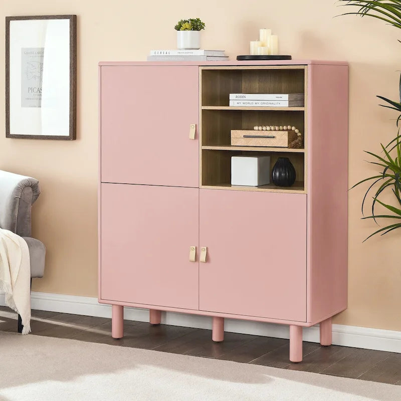 Multifunktionaler Aufbewahrungsschrank mit Tür, moderner Sideboard-Schrank, Holzaufbewahrungsschrank, Schubladenschrank mit Ledergriffen