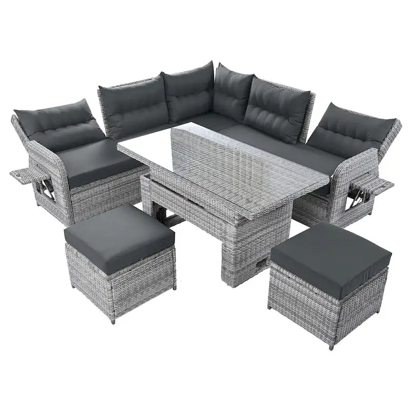 Outdoor-Rattan-Ecksofa-Set mit verstellbarem Tisch und Relaxsesseln