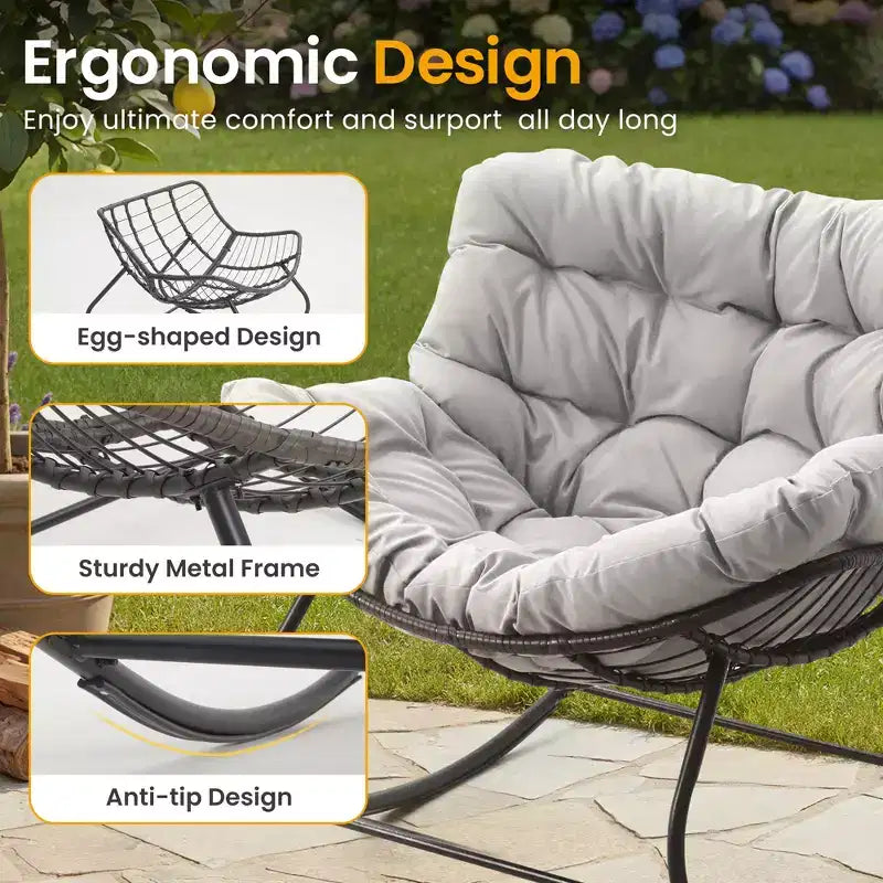 Heynemo Terrassen-Schaukelstuhl mit Hocker, Eiformiger Schaukelstuhl für drinnen und draußen mit Kissen, Überdimensionaler Papasan-Loungesessel aus Metall, Lesesessel