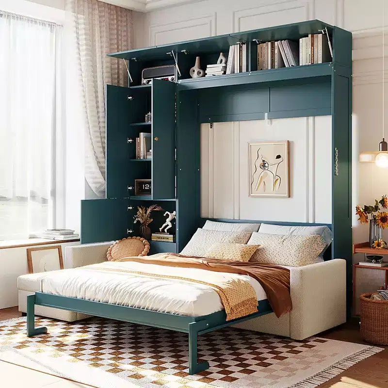 Schrankbett in Queen-Size mit Sofa und Schrank, hölzernes Queen-Size-Schrankbett als Wandbett mit Regalen, klappbares Wand-Schrankbett für Gästezimmer und Büro