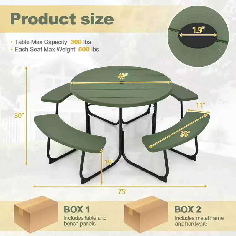 Costway Outdoor 8-Personen-Rund-Picknicktisch-Bank-Set mit 4 Bänken & Sonnenschirmloch Schwarz/Grau/Grün/Weiß