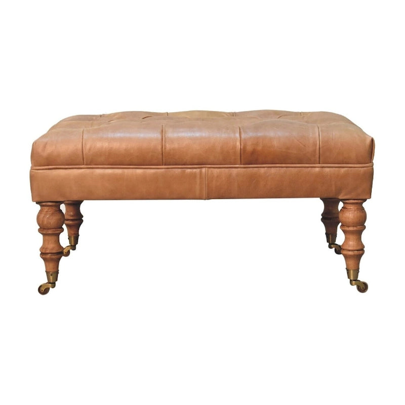 Artisan Furniture Ottomane aus massivem Holz und büffelfarbenem Leder mit Rollenbeinen