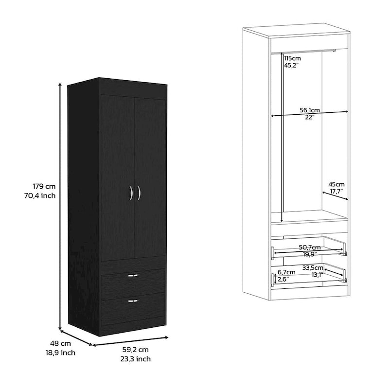 18.9 Moderner zweitüriger Kleiderschrank mit zwei unteren Schubladen und Kleiderstange fürs Schlafzimmer
