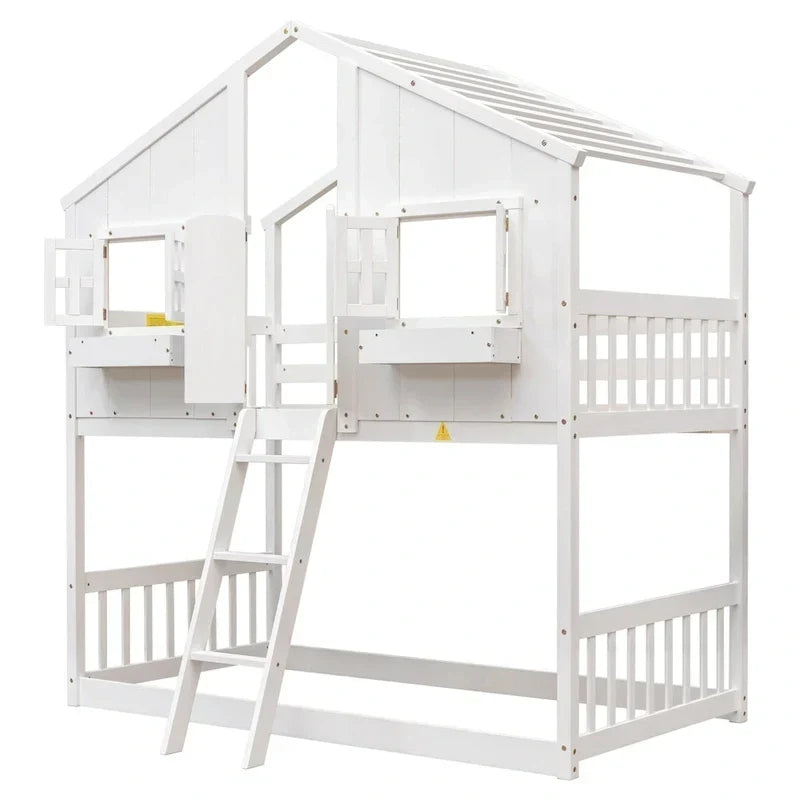 Etagenbett „Haus“ für zwei, mit Dach, Fenster, Blumenkasten und Tür, inklusive Sicherheitsgeländern und Leiter, Grau