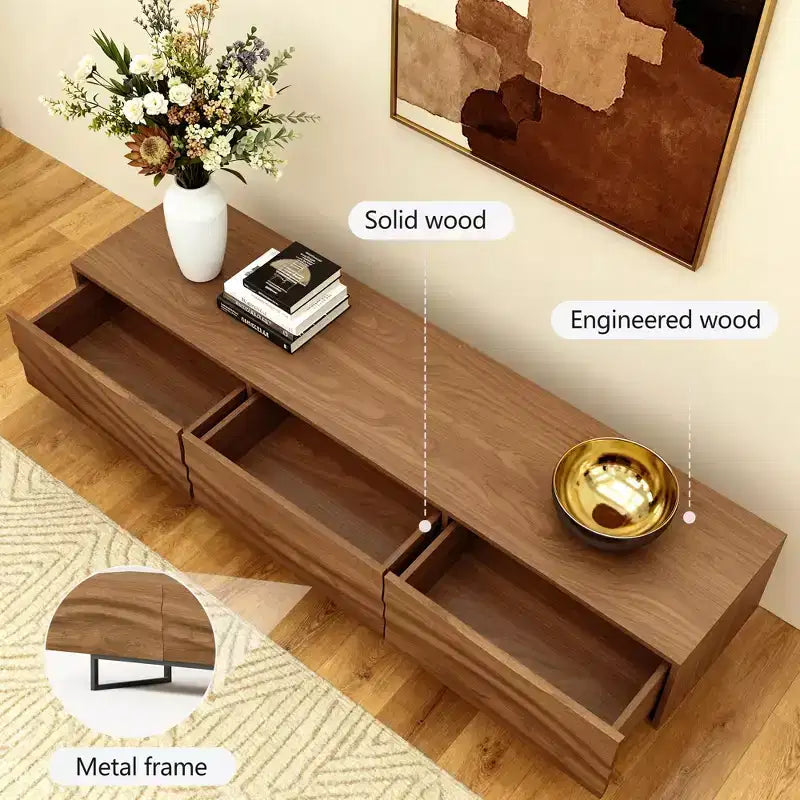 82,83 Zoll moderner TV-Schrank mit Schubladen aus Massivholz und Lüftungsschlitzen, Medienkonsole fürs Wohnzimmer