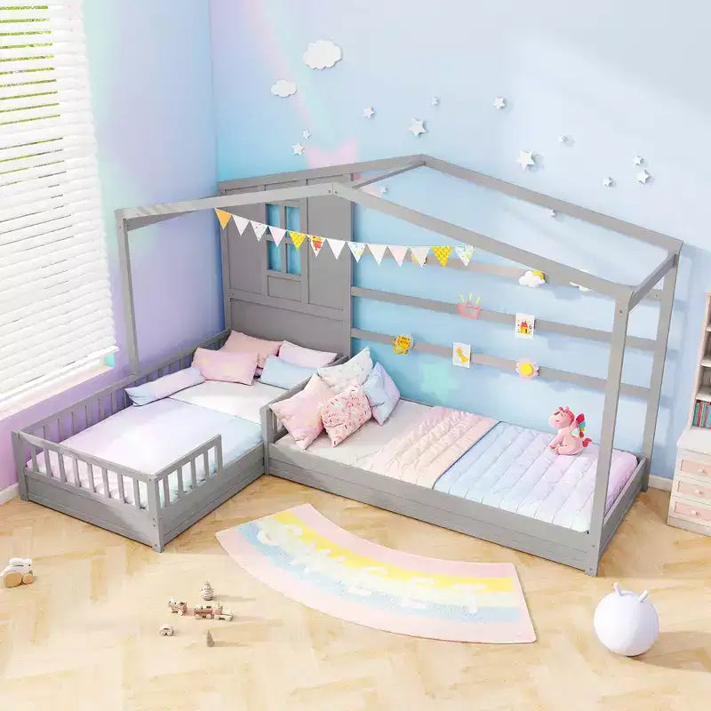 L-förmiges Etagenbett-Set mit Haus-Design, Fenster und Zäunen – Grau/Weiß
