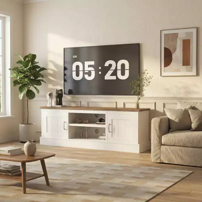Moderner TV-Schrank für 65-Zoll-Fernseher, rustikales Entertainment-Center aus Holz mit geräumigen Aufbewahrungsschränken, Medienkonsole für Wohnzimmer und Büro
