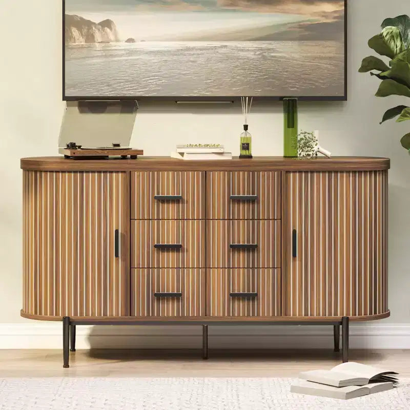 59-Zoll-Sideboard im Landhausstil mit geriffelter Front, TV-Lowboard mit 6 Schubladen und 2 Schiebetüren, vielseitiger Aufbewahrungsschrank fürs Wohnzimmer