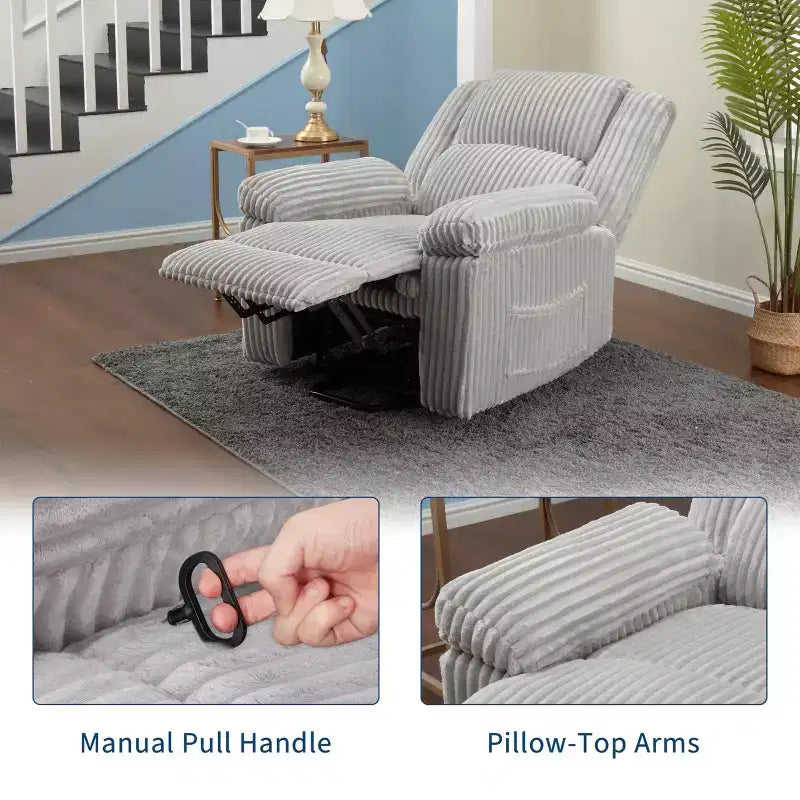 Kordsessel, manueller Relaxsessel mit Hebel, gepolsterte Armlehnen, dicke Polsterung, Seitentasche, Wohnzimmer, Schlafzimmer, Heimkino, Dunkelgrau