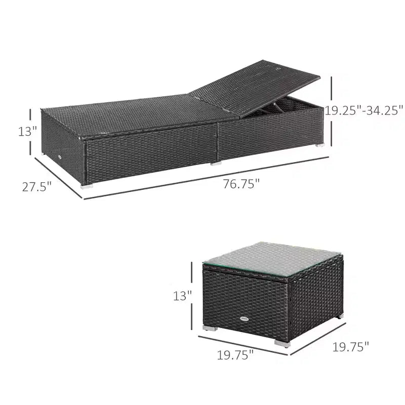 Set aus 2 Sonnenliegen mit 5-fach verstellbarer Rückenlehne, Outdoor-Couchtisch, wasserabweisenden Polstern und PE-Rattan-Geflecht für den Poolbereich